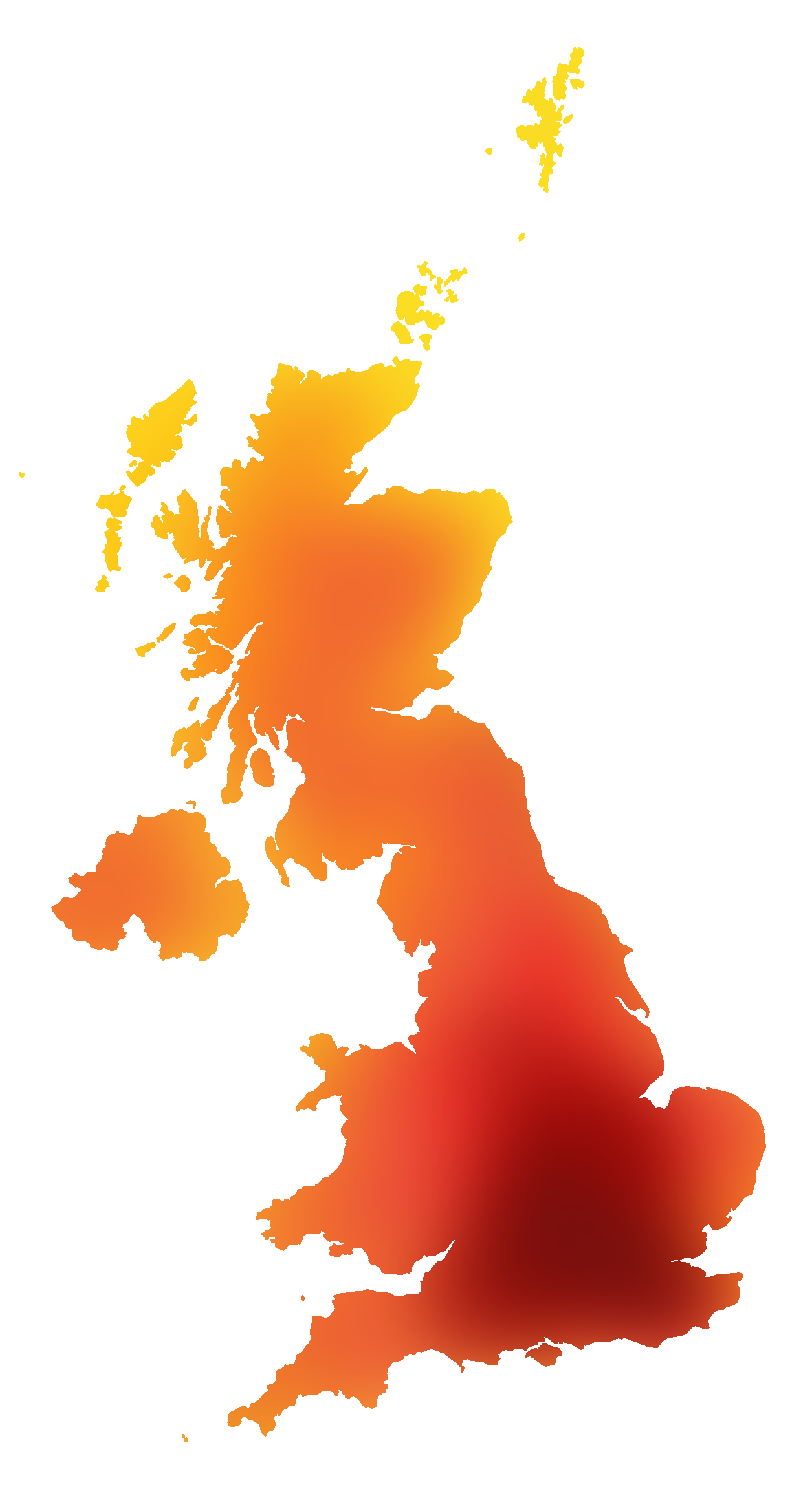 Map of the United Kingdom shaded yellow to red, indicating heat risk.